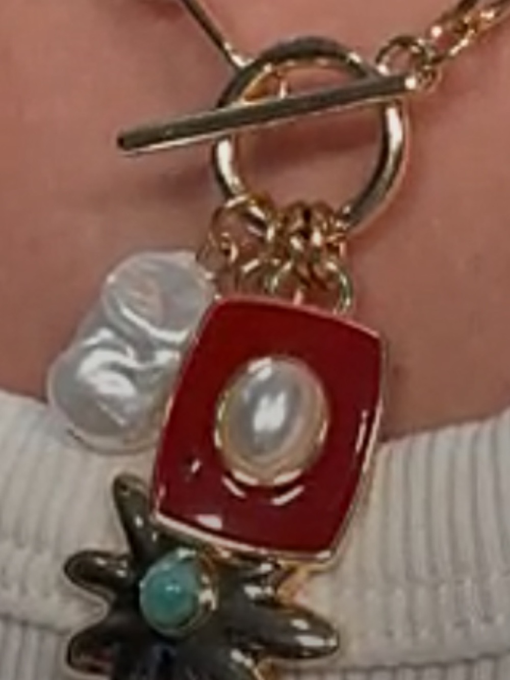 PaperClip Mayamar Gold Chain Toggle Necklace with Red and Pearl Charms - Picture 2 of 2